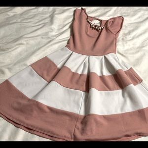 Sleeveless Baby Pink Striped Flared Dress with Necklace Attachment